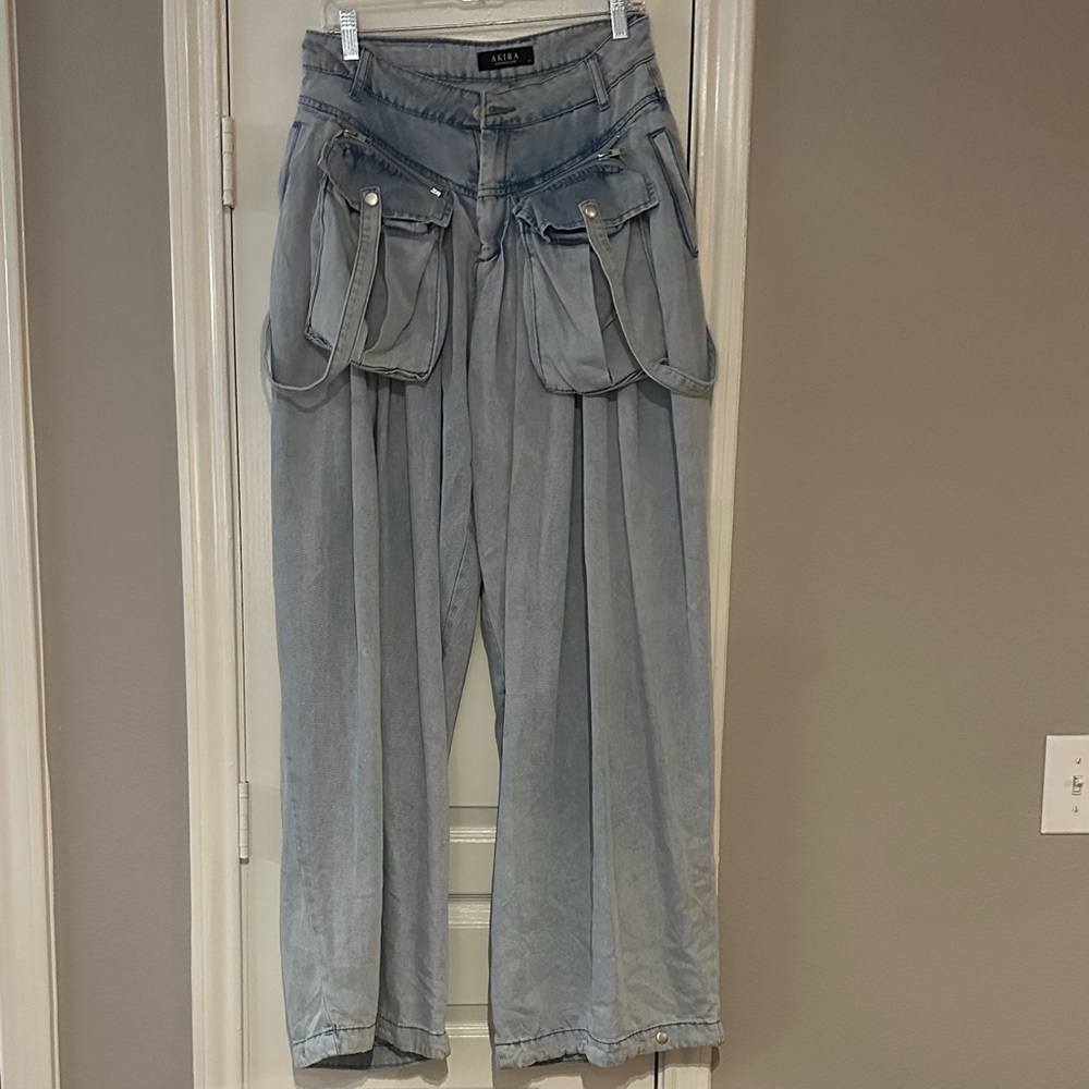 Akira wide leg baggy Light Blue Cargo Trousers